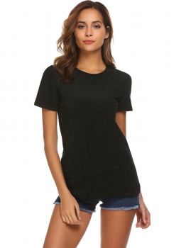 

Black Women Fashion O-Neck Short Sleeve Glitter Casual T-Shirt Top, Multicolor