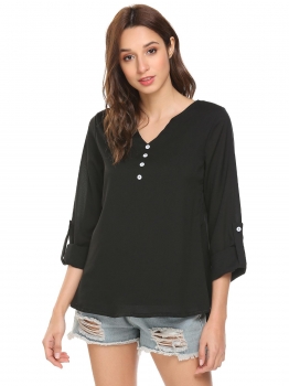 

Black Women Casual Notch Neck Long Sleeve Solid Blouse Top, Multicolor