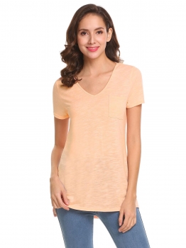 

Womens Summer V Neck Short Sleeve Solid T-Shirt Blouses Tops With Pocket, Multicolor