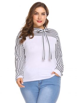 

White Women Tie-Bow Neck Puff Sleeve Striped Casual Slim Fit Blouse Top Plus, Multicolor