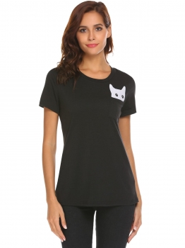 

Black Women Casual O-Neck Short Sleeve Contrast Color Print T-Shirt Tops, Multicolor