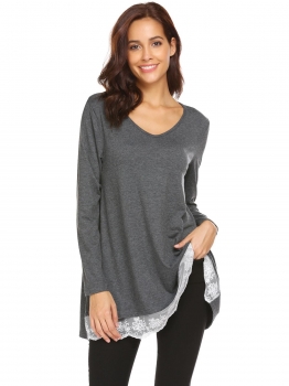 

Dark gray Women Casual V-Neck Long Sleeve Lace Patchwork Tunic Tops, Multicolor