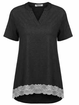 

Black Women V-Neck Short Sleeve Lace Patchwork High Low Shirt Blouse Tunic Tops, Multicolor