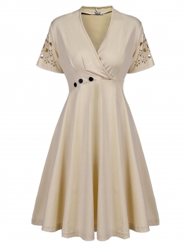

Beige Women Faux Wrap V-Neck Hollow Out Short Sleeve Empire Line Casual Party Dress, Multicolor