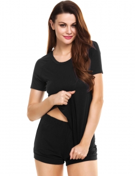 

Black Casual Loose 2 Pieces O Neck Short Sleeve Tops and Shorts Sleepwear Pajama Set, Multicolor