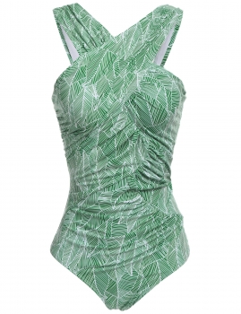 

Halter Printed Padded Ruched Cross One Piece Swimwear, Multicolor