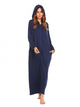 

Dark blue Women Long Sleeve Zip-front Hooded Sleepwear Robe, Multicolor