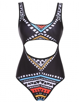

Black Padded Hollow Out Keyhole Print One Piece Swimsuit Swimwear, Multicolor