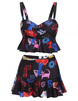 

Black Push Up Print Ruffles High Waist Bikini Set Bathing Suit Swimwear, Multicolor