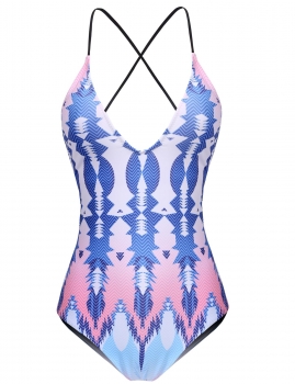 

Blue Printed Spaghetti Strap Cross Back One-Piece Swimsuit, Multicolor