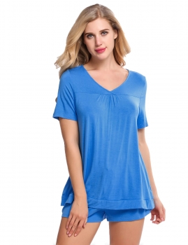

Blue Solid V-Neck Short Sleeve Top and Shorts Pajama Set, Multicolor