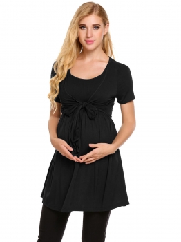 

Black O-Neck Short Sleeve Solid Front Tie Nursing Top, Multicolor