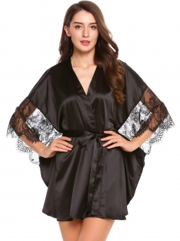 

Black 3"4 Bat-wing Sleeve Lace Patchwork Satin Robe With Belt, Multicolor