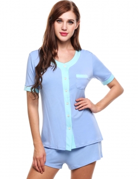 

Light blue Short Sleeve Patchwork Slim Sleepwear Contrast Color O-Neck Eco-Friendly Comfortable Nightwear Pajamas Set, Multicolor