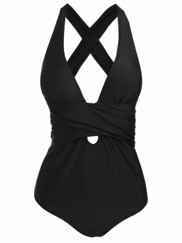 

Black Plunging Neck Padded Backless Bandage Solid One Piece Swimwear, Multicolor