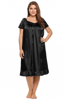 

Black Plus Size Solid Short Sleeve Ruffle Hem Nightgown, Multicolor