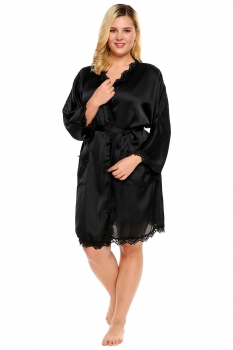 

Black Plus Size Lace Trim Satin Belted Long Sleeve Kimono Robe, Multicolor