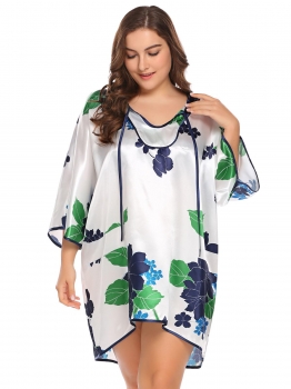 

Navy blue Women 3"4 Sleeve Lace Up Print Casual Loose Irregular Satin Nightgown Plus Size, Multicolor