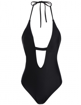 

Halter Plunging Neck Padded High Cut One Piece Swimsuit, Multicolor