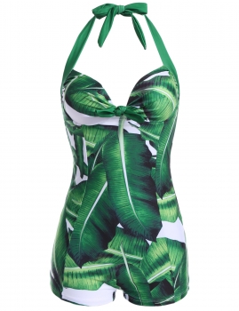 

Plus Size Leaf Print Halter Padded Push-up One Piece Swimwear, Multicolor