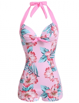 

Plus Size Floral Halter Padded Push-up One Piece Swimwear, Multicolor