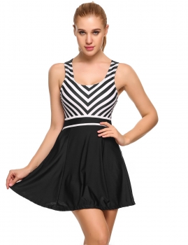 

Black Striped Patchwork Cross Back Skirted Bottom One Piece Swimwear, Multicolor