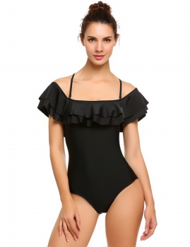 

Black Spaghetti Strap Ruffles Solid One Piece Swimwear, Multicolor