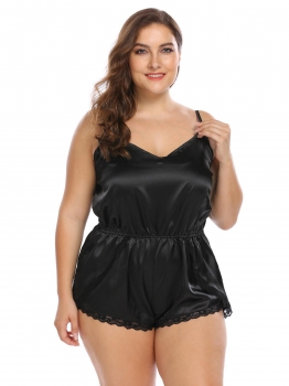 

Black Plus Size Spaghetti Strap Lace Trim Satin Romper Sleepwear, Multicolor