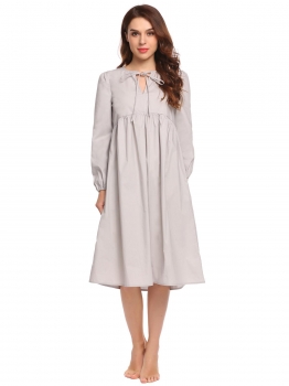 

Light gray Women Long Sleeve V-Neck Solid Tie Midi Nighties Sleepwear Dress, Multicolor
