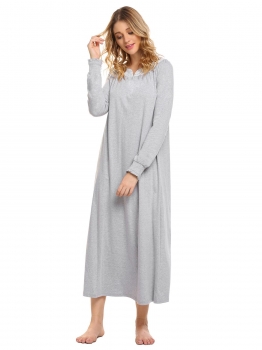 

Grey Women Casual V Neck Long Sleeve Lace Patchwork Solid Loose Retro Full Nightgown, Multicolor