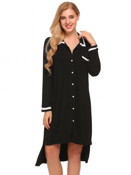 

Black Women V-Neck Long Sleeve Patchwork Button Sleepwear Robe Dress, Multicolor