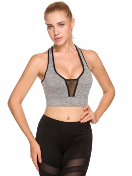 

Gray Padded Racerback Cut-out Sheer Mesh Patchwork Sports Bra, Multicolor