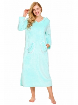 

Blue Women Hooded Long Sleeve Solid Fleece Thicked Nighties Sleepwear Dress, Multicolor