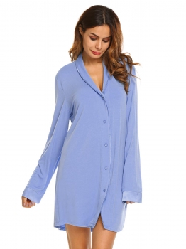 

Blue Womens Classic Long Sleeve Pajamas Satin Patchwork Nightgown Sleepwear Button-down Sleep Shirt Dress, Multicolor