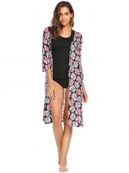 

Black 3"4 Sleeve Floral Front Open Side Split Long Kimono, Multicolor