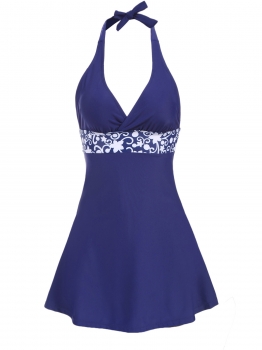 

Blue Halter Sleeveless Padded Elastic Patchwork Tankini Swimsuit, Multicolor