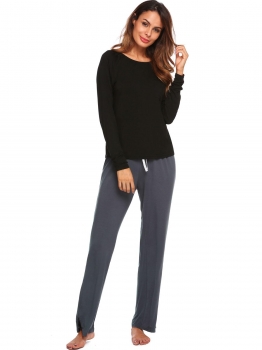 

Black Long Sleeve Loose O-Neck Nightwear Sleepwear Pajamas Set, Multicolor