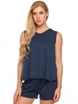 

Blue Solid V-Neck Sleeveless Tops with Elastic Waist Shorts Sports Sets, Multicolor