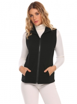 

Black Stand Collar Sleeveless Solid Front Zipper Vest with Pockets, Multicolor