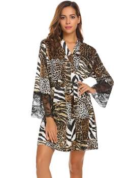 

Coffee Women Long Sleeve Lace-trimmed Leopard Sleepwear Robe with Belt, Multicolor