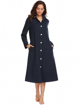 

Navy blue Nightgown Long Sleeve Button Robe Sleepwear with Pockets, Multicolor