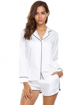 

White Contrast Color Brim Tops and Shorts Pajama Sets, Multicolor