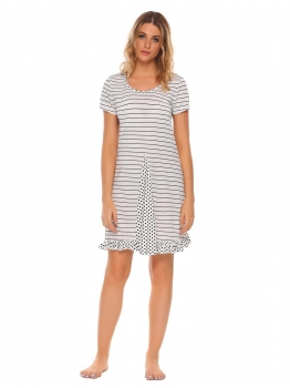 

White Short Sleeve Striped Ruffles Hem Patchwork Nightgown, Multicolor