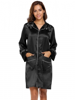 

Black Long Sleeve Satin Nightdress with Pockets, Multicolor
