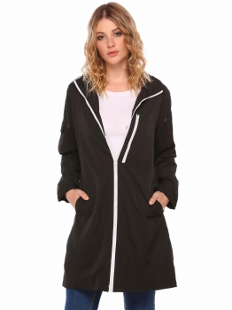 

Black Hooded Long Sleeve Front Zipper Solid Coat, Multicolor