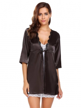 

Black Women Half Sleeve Lace-trimmed Sleepwear Robe with Belt, Multicolor