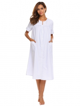 

Light blue Women Sleepwear Short Sleeve Patchwork Striped Button Nightdress with Pockets, Multicolor