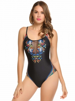 

Black Spaghetti Strap Mesh Patchwork Geometric One Piece Swimwear, Multicolor