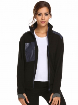 

Black Soft Plush Leather Patchwork Long Sleeve Coat, Multicolor