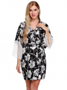 

Black V-Neck Wrap Lace Patchwork Floral Print Belted Kimono Robes, Multicolor